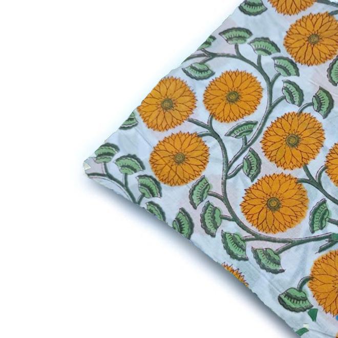 Hand Block Printed Cotton Cushion Cover, Yellow Floral Pillow Cover, Decorative Throw Pillow, 16x16 Cushion Cover, Handmade Indian Cotton