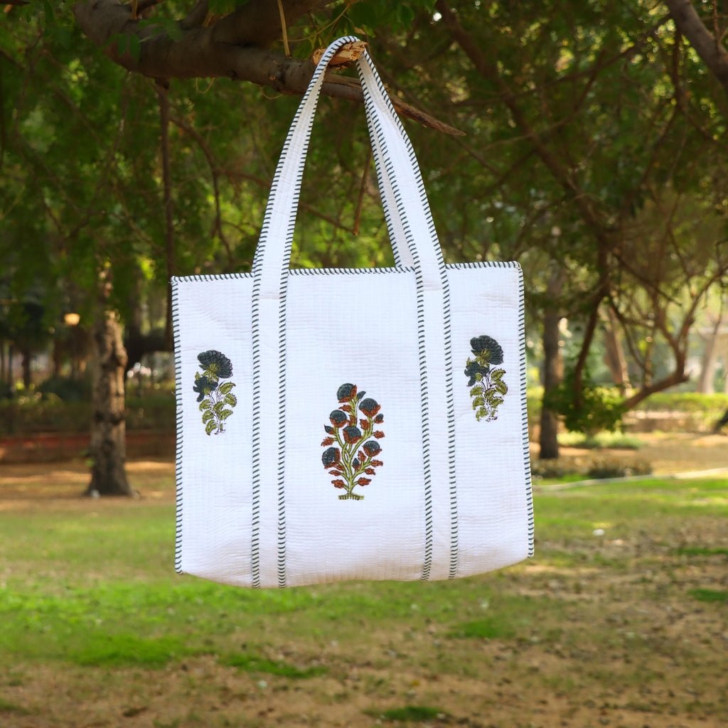 Hand Block White Cotton Floral Block Print Shoulder Bag, Handmade Quilted Tote Bag, Quilted Tote Bag, Indian Bags Shopping Bags, Women's Bag