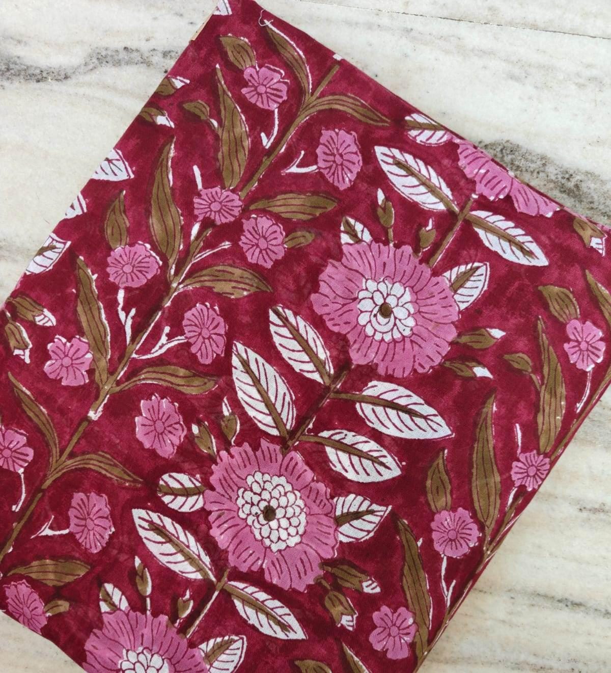 Hand Block Print Cotton Fabric – Red Floral Indian Fabric by the Yard – Pink Flower Print Textile for Sewing, Quilting, Dressmaking & Crafts