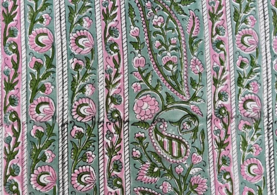 Hand Block Print Cotton Fabric, Paisley Stripe Floral Fabric, Indian Cotton Yardage, Green Pink Boho Fabric, Sewing Quilting Craft Fabric