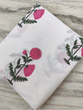 Hand Block Printed Cotton Fabric, White Floral Fabric, Pink Thistle Print Cotton, Soft Lightweight Fabric by Yard, Indian Handmade Textile