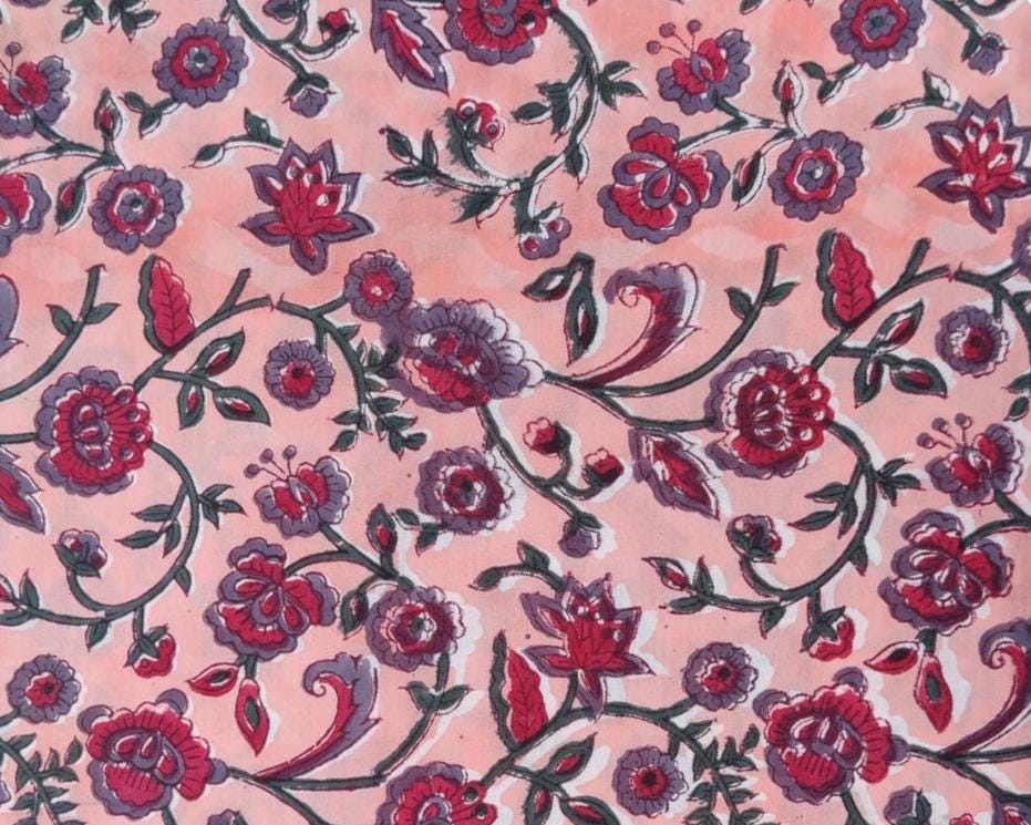 Peach Indian Hand Block Print Fabric, 100% Cotton Quilting Fabric By The Yard, Fabric For Dress Making, Loose Running Fabric, Napkin Fabric