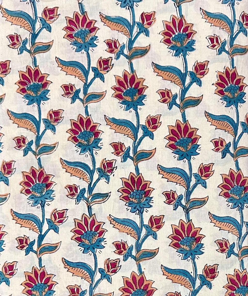 White Lotus Indian Hand Block Print Fabric, Soft Cotton Fabric, 100% Cotton Fabric By The Yard, Fabric For Loose Running, Cotton Textile