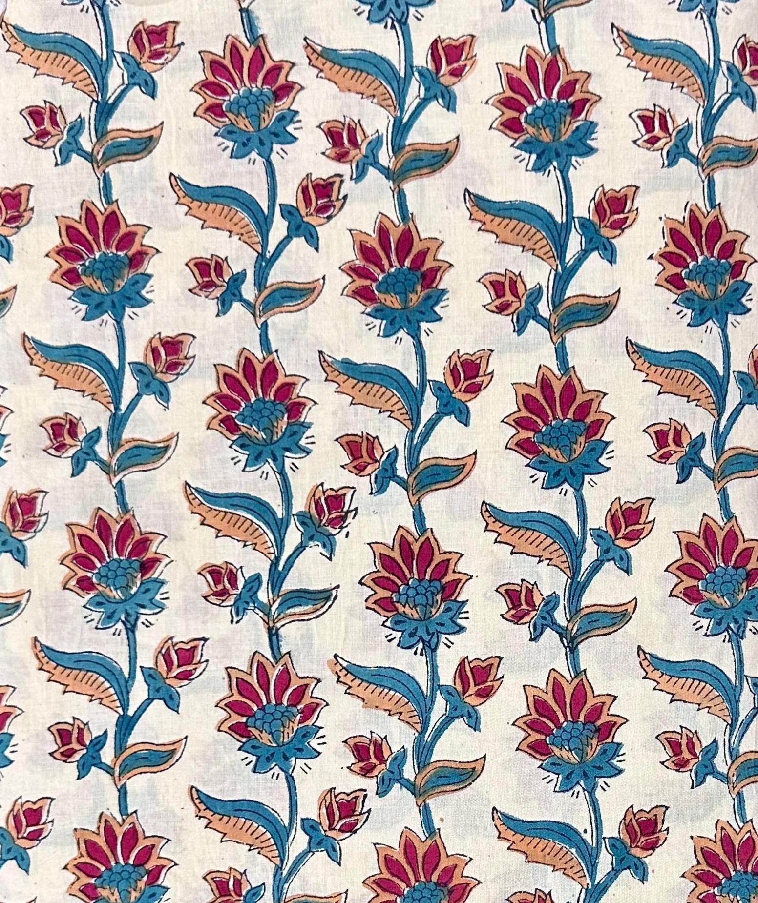 White Lotus Indian Hand Block Print Fabric, Soft Cotton Fabric, 100% Cotton Fabric By The Yard, Fabric For Loose Running, Cotton Textile
