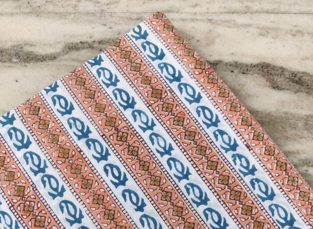 Orange Blue Block Print Cotton Fabric | Striped Floral Printed Fabric by the Yard | Soft Cotton for Quilting, Sewing, Dressmaking, Crafts