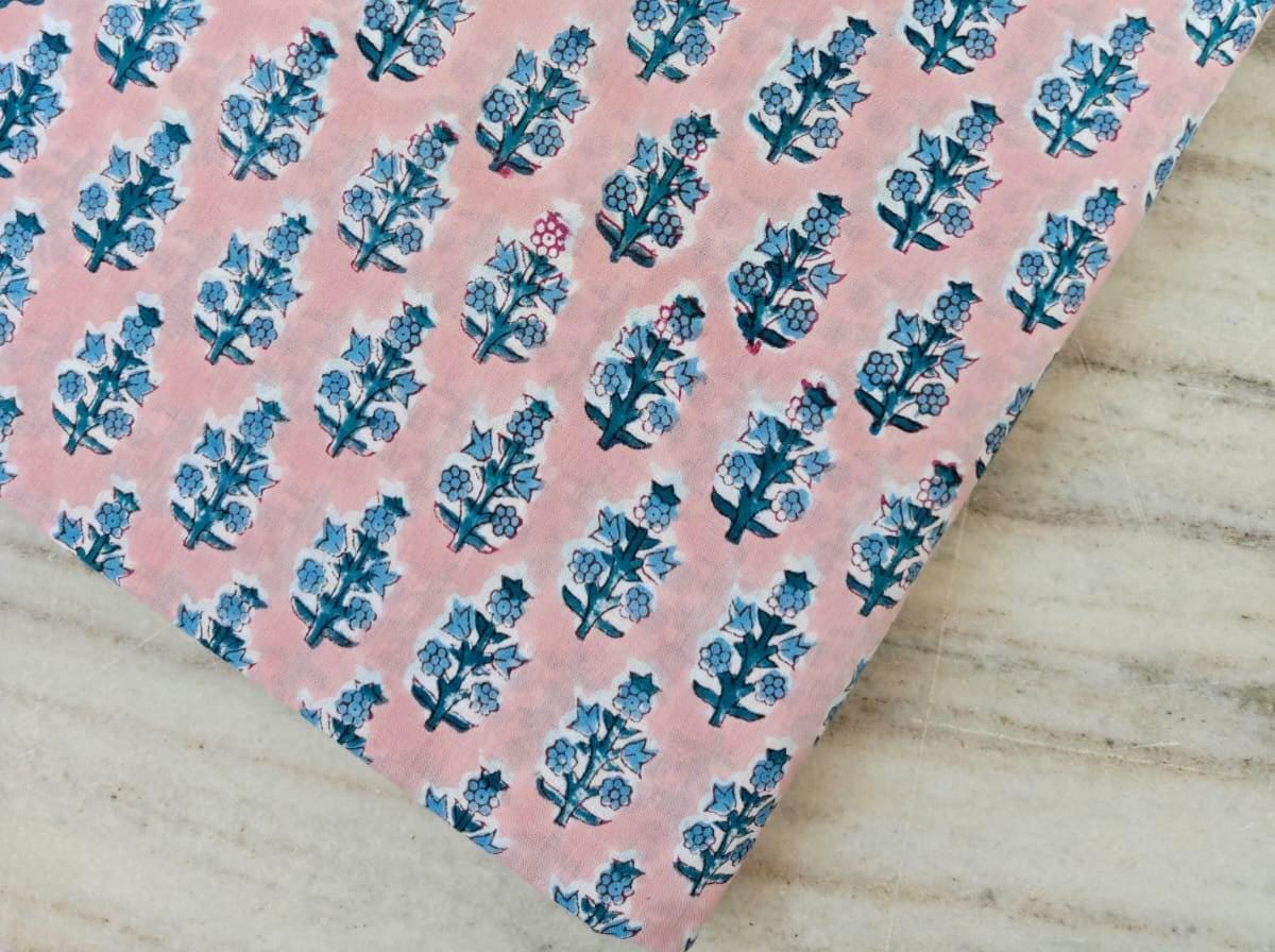 Pink Hand Block Print Cotton Fabric, Blue Floral Indian Fabric by the Yard, Soft Cotton for Quilting, Fabric For Dressmaking, Running Fabric