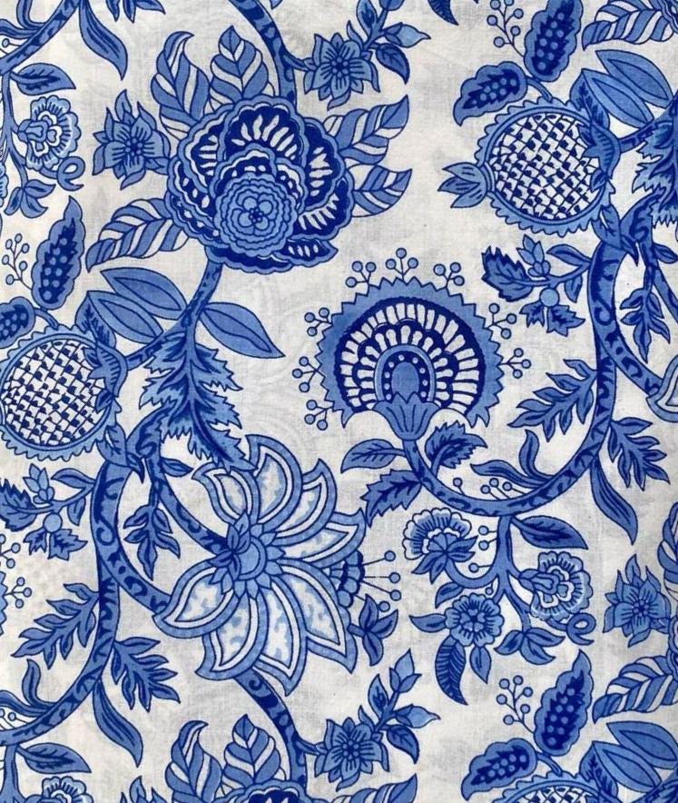 Blue and White Flower Hand Block Print Fabric, 100% Cotton Quilting Fabric By The Yard, Dress Making Fabric, Fabric For Dress,Sewing Fabric
