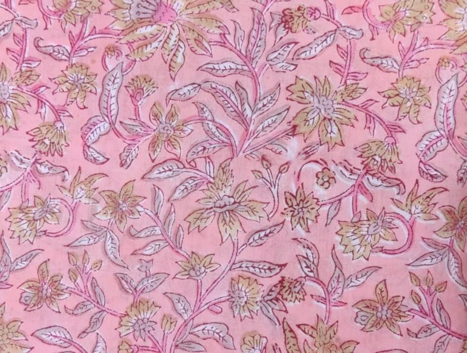 Pink Cotton Fabric with Yellow Floral Print, Hand Block Print Fabric by the Yard, Soft Indian Cotton for Sewing, Dressmaking & Crafts