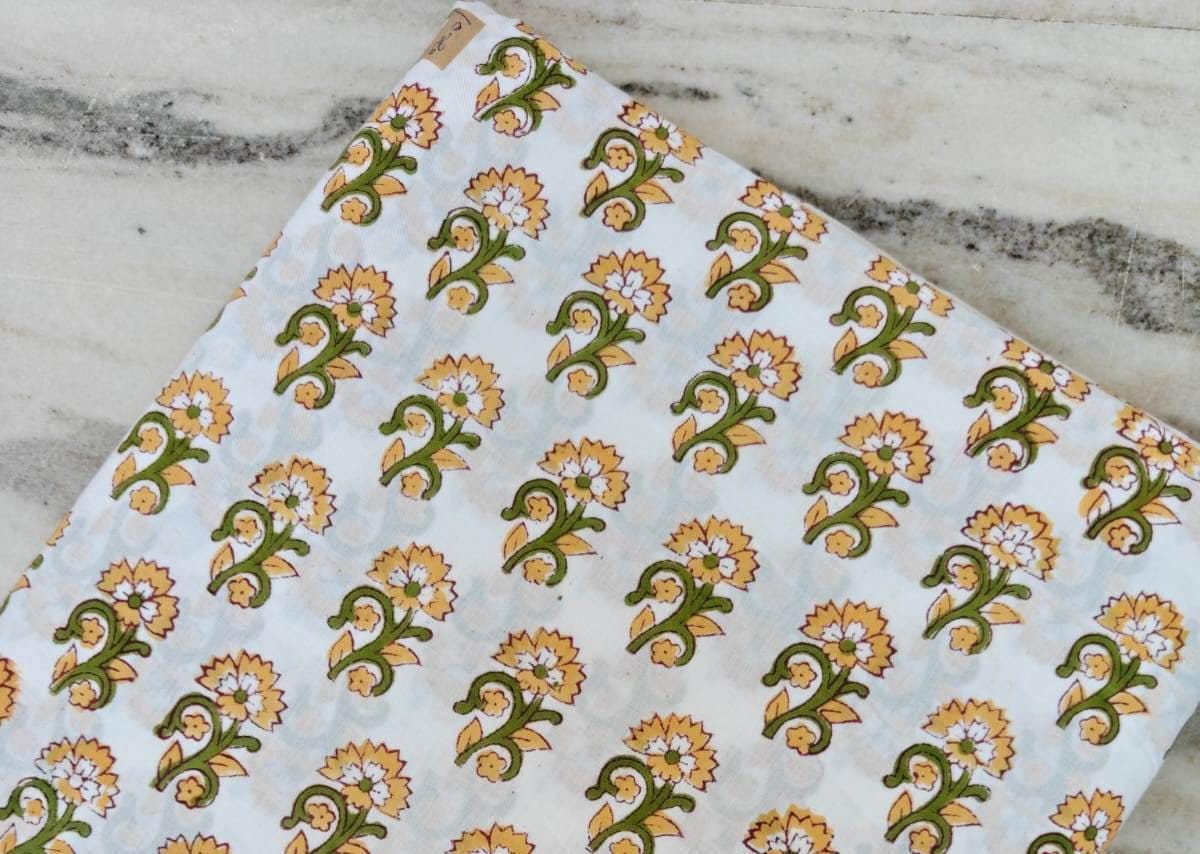Hand Block Printed Cotton Fabric, Floral Buti Print Fabric by the Yard, Soft White Fabric for Dressmaking, Quilting & Home Decor Fabric