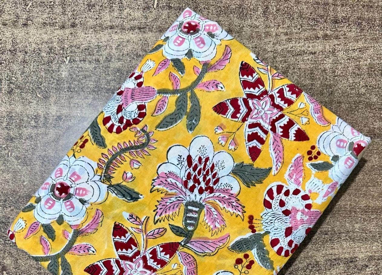 Yellow Floral Hand Block Print Cotton Fabric – Indian Cotton Fabric by Yard, Boho Flower Print Dressmaking & Quilting Fabric, Curtain Fabric