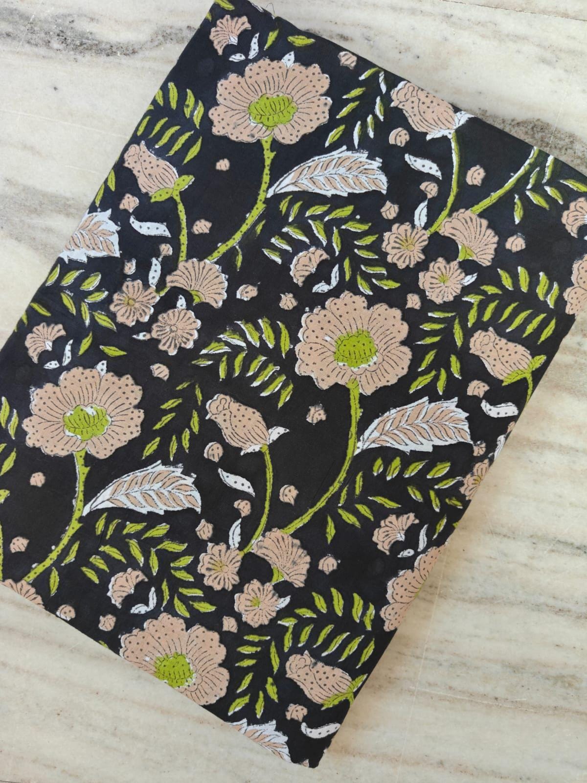 Black Floral Block Print Cotton Fabric, Hand Block Printed Indian Cotton by the Yard, Beige Flower Boho Fabric for Dressmaking, Quilting