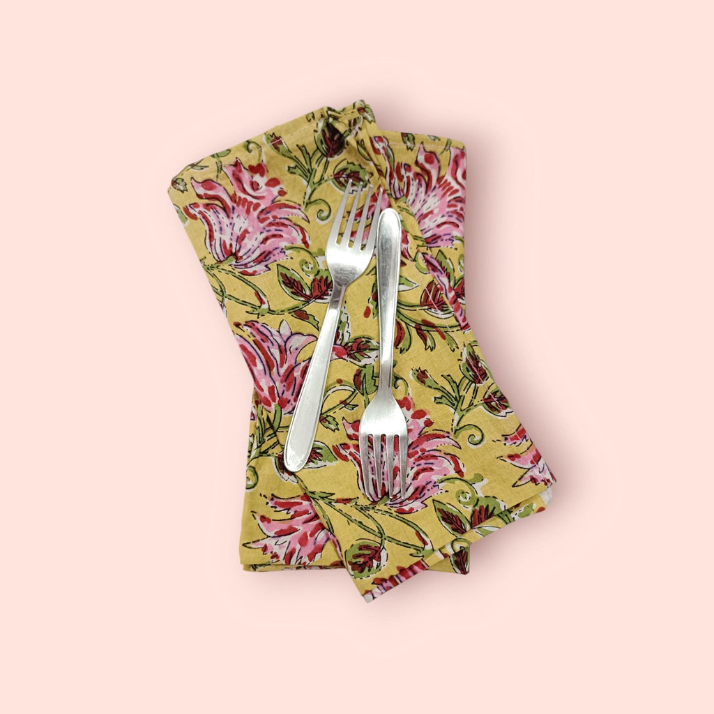 Yellow Floral Cotton Napkins | Hand Block Print Pink Flower Cloth Napkins | Reusable Dinner Napkins for Table Decor & Eco-Friendly Dining