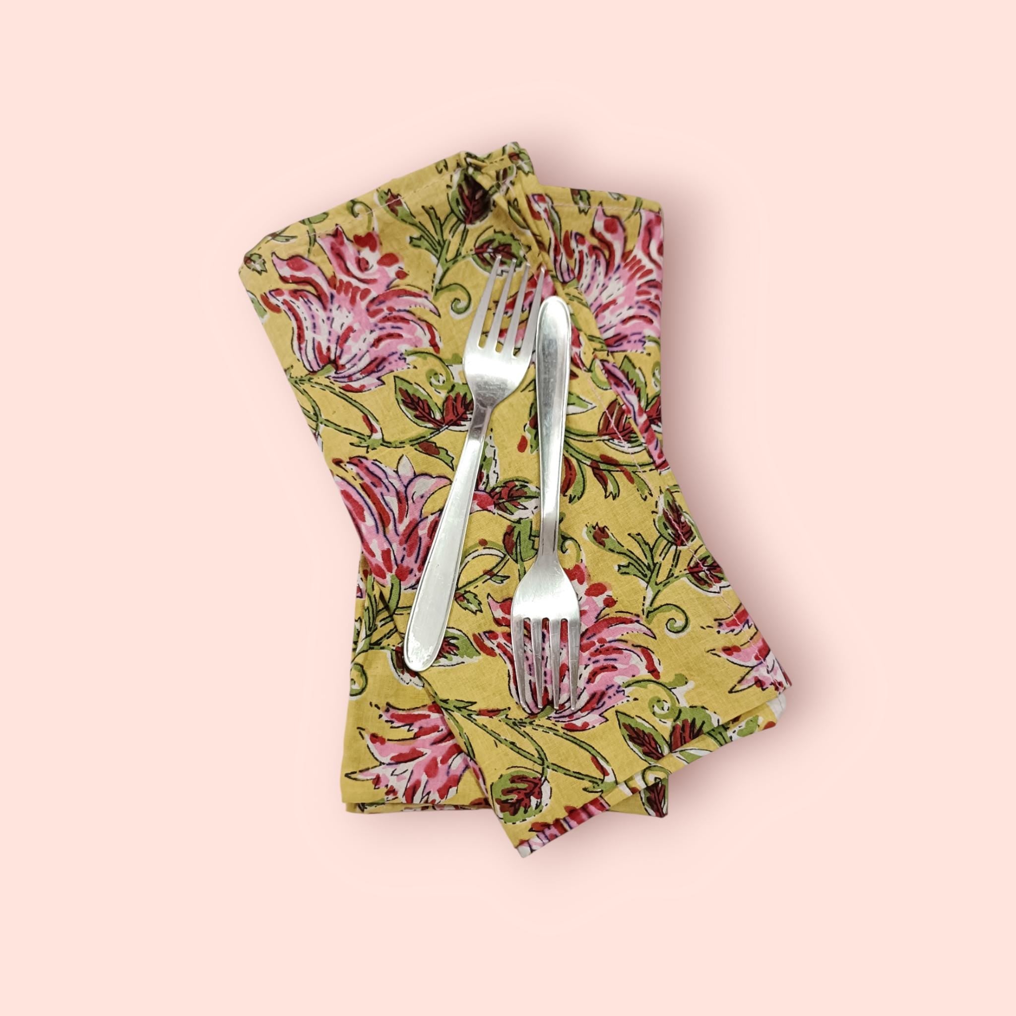 Yellow Floral Cotton Napkins | Hand Block Print Pink Flower Cloth Napkins | Reusable Dinner Napkins for Table Decor & Eco-Friendly Dining