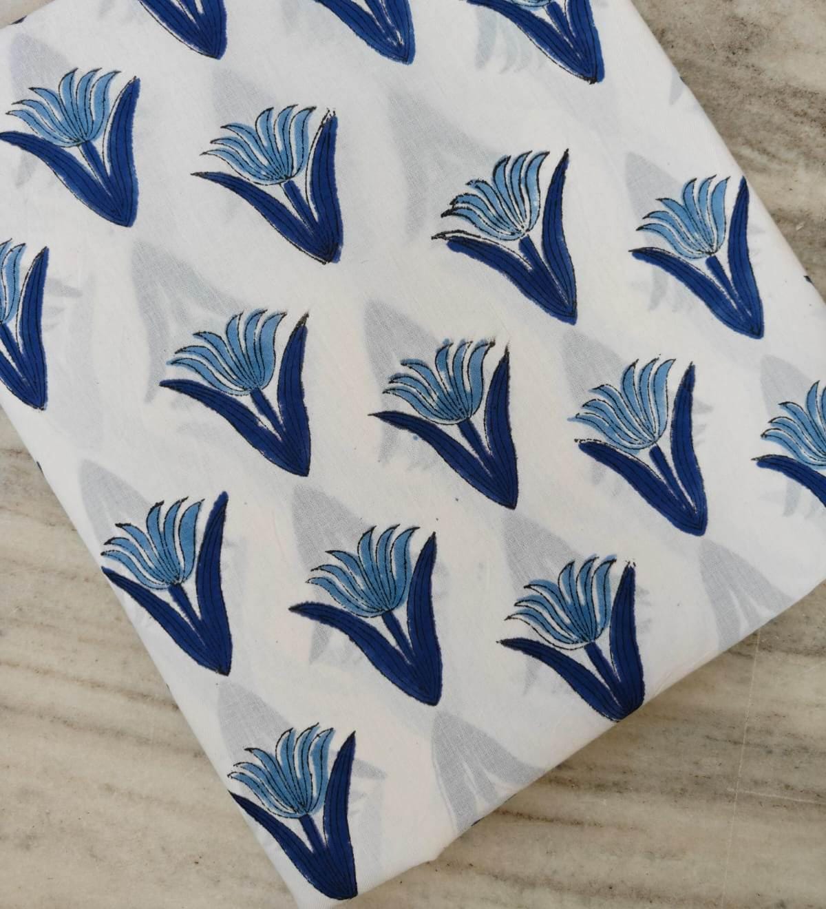 Blue Floral Cotton Fabric, Indian Block Print Fabric, Blue White Flower Print Cotton, Hand Block Floral Fabric, Sewing Dress Making Fabric