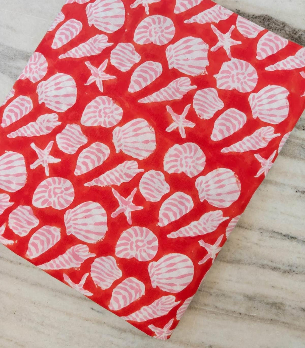 Seashell Cotton Fabric Red Beach Print Fabric Starfish Shell Pattern Summer Coastal Fabric Nautical Cotton Fabric Dressmaking Fabric Yard