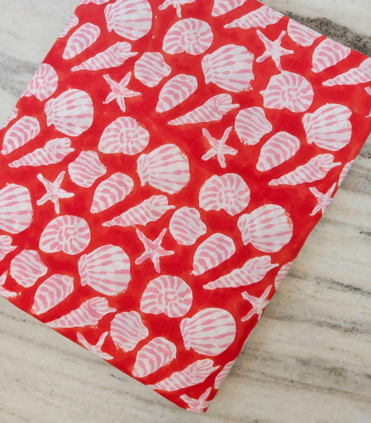 Seashell Cotton Fabric Red Beach Print Fabric Starfish Shell Pattern Summer Coastal Fabric Nautical Cotton Fabric Dressmaking Fabric Yard