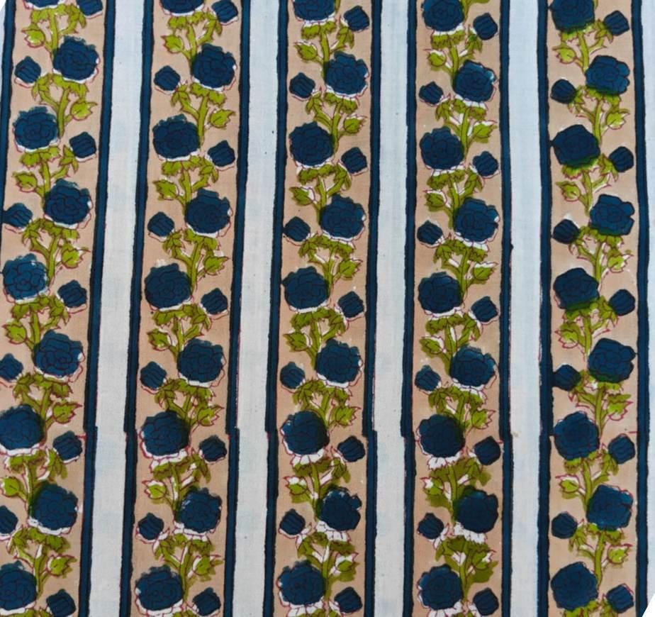 Black Floral Stripe Cotton Fabric by Yard, Blue Flower Cotton Fabric, Indian Block Print Fabric, Striped Floral Cotton for Dress Making