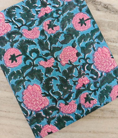 Blue Floral Cotton Fabric by the Yard, Pink Blossom Vine Print, Indian Block Print Style Fabric, Quilting Sewing Craft, Botanical Textile