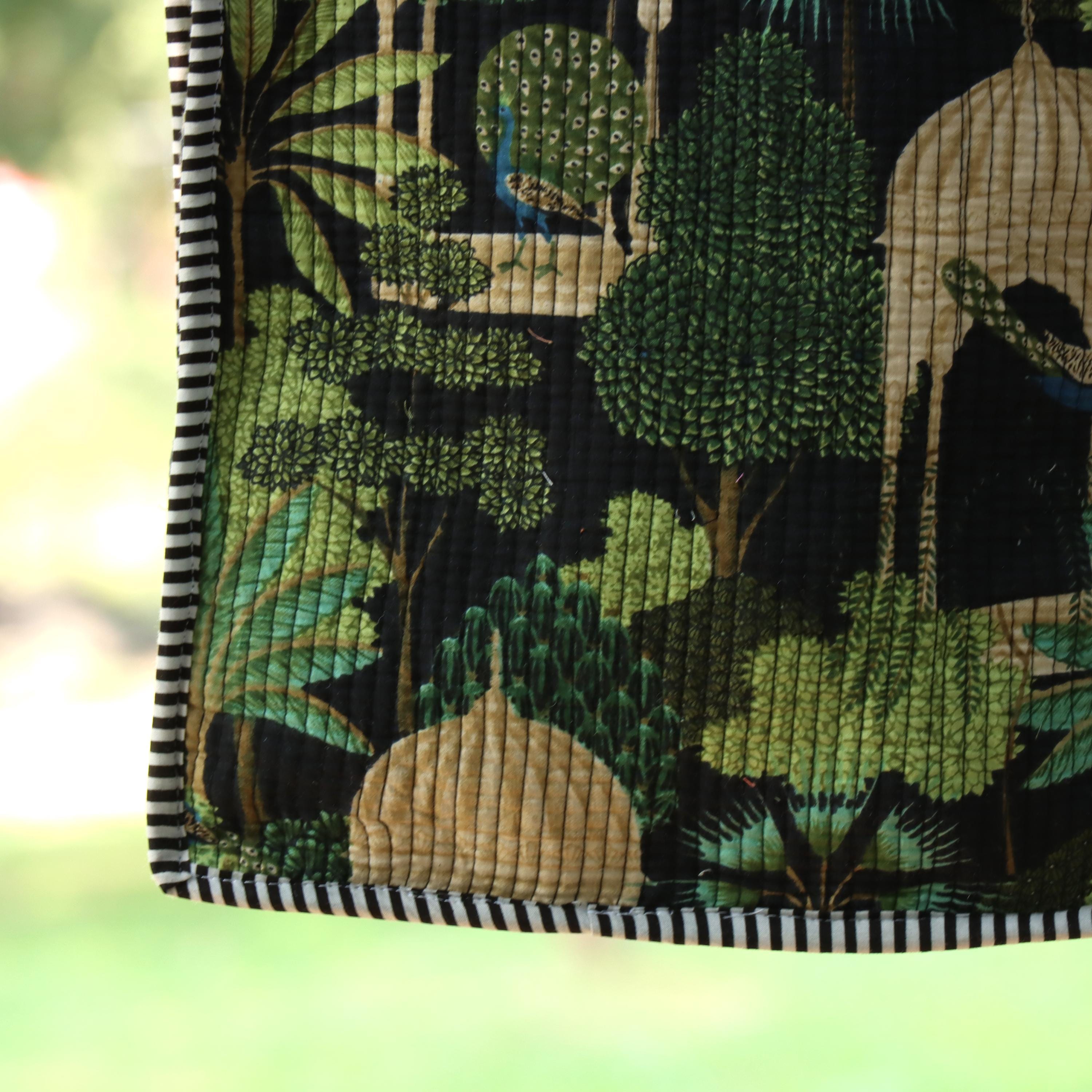 Quilted Crossbody Sling Bag, Handmade Cotton Shoulder Bag, Forest Print Small Travel Pouch, Lightweight Zip Purse for Women Adjustable Strap