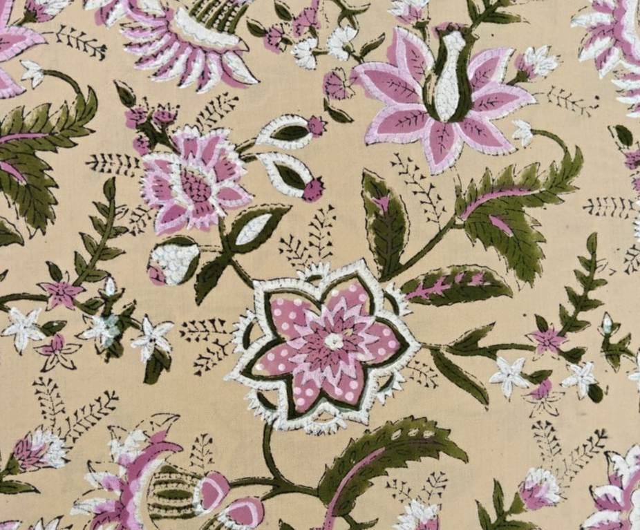 Floral Cotton Fabric, Beige Pink Botanical Print, Vintage Style Fabric, Block Print Inspired Fabric, Quilting Fabric Dressmaking by the Yard