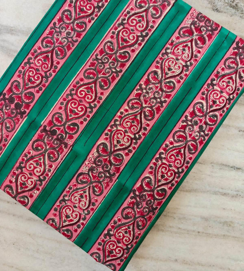 Green Pink Striped Cotton Fabric, Indian Block Print Fabric, Ornamental Border Print Cotton, Dressmaking Sewing Fabric, Boho Craft Textile