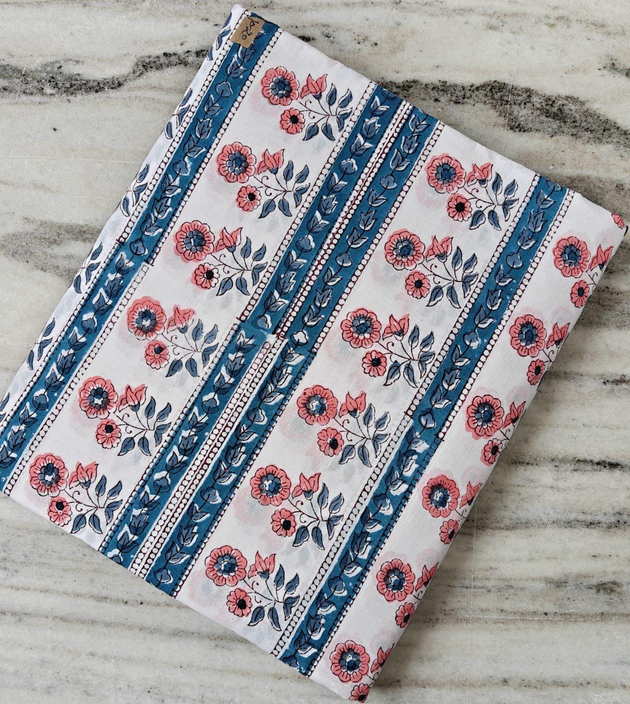 White Cotton Fabric with Blue Stripes & Pink Floral Print, Hand Block Print Cotton by the Yard, Indian Sewing Quilting Fabric Textile Fabric