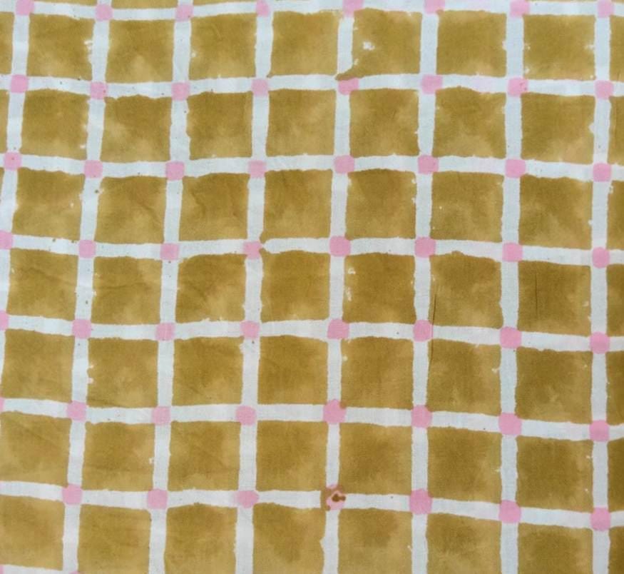 Mustard Yellow Cotton Fabric with White Grid and Pink Dots, Hand Block Print Cotton Material, Quilting Dressmaking Home Decor Fabric