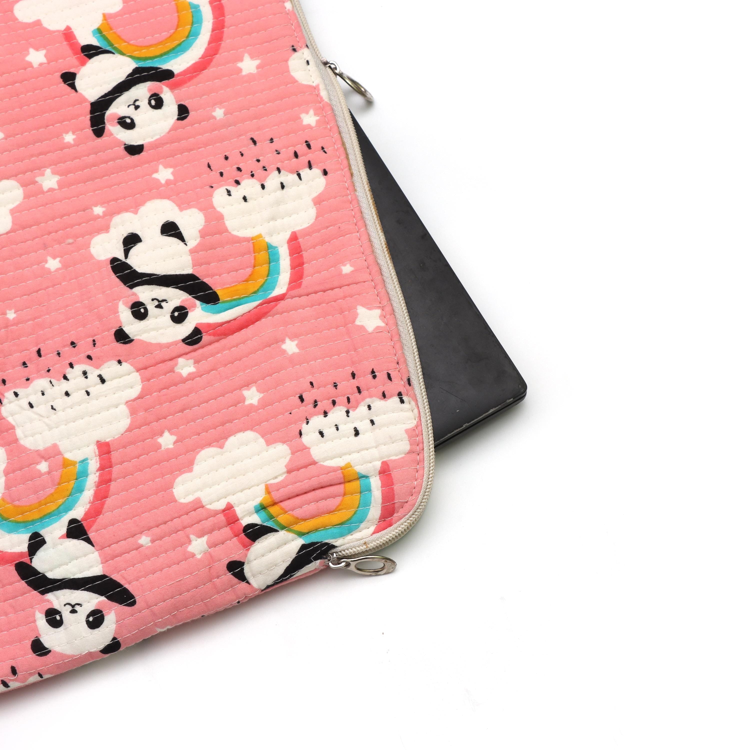 Quilted Laptop Sleeve, Cute Panda Laptop Bag, Cotton Padded Laptop Case, Rainbow Print Laptop Cover, Handmade Laptop Sleeve, Macbook Sleeve