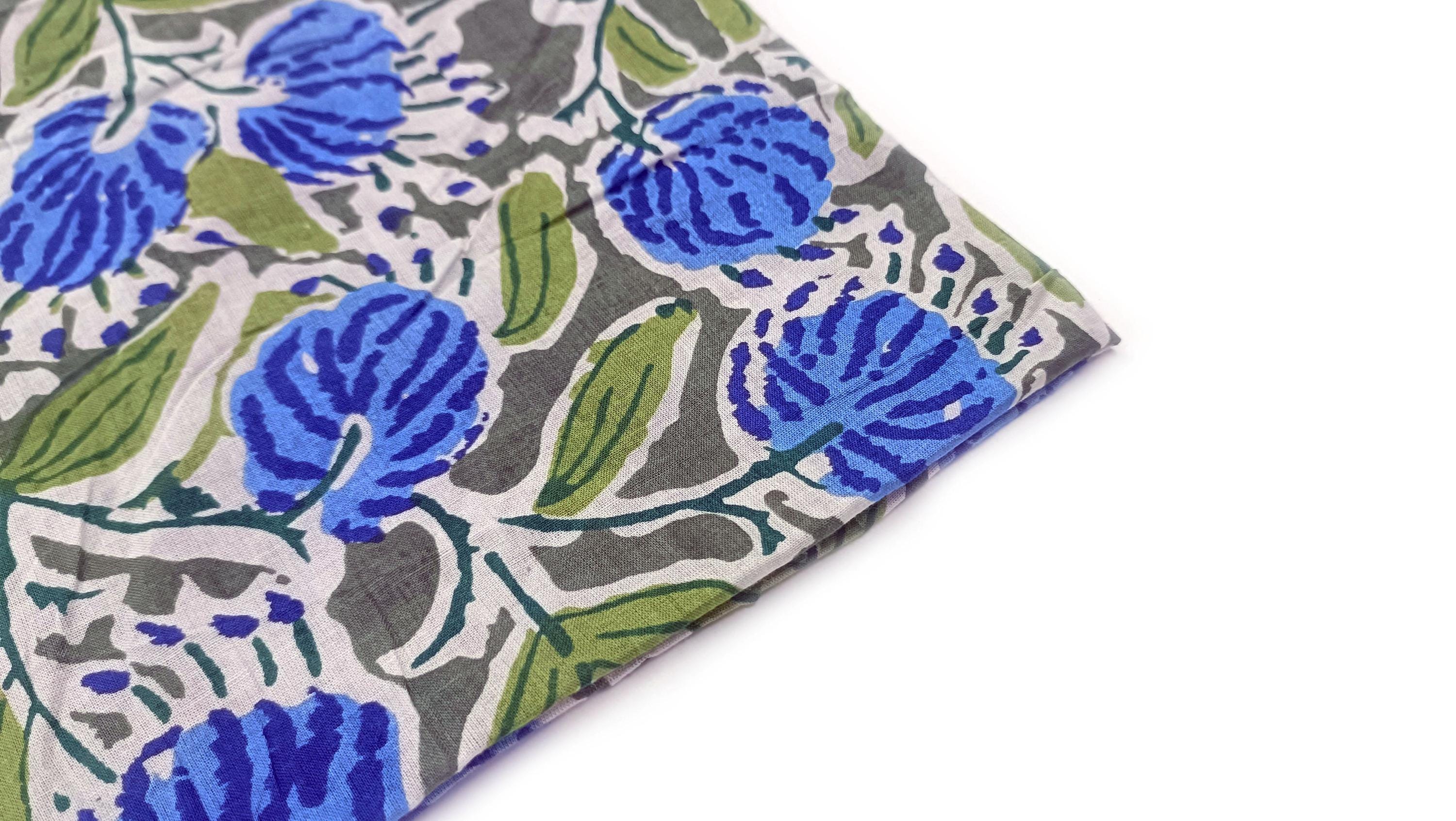 Blue Floral Cotton Napkin | Hand Block Print Reusable Cloth Napkin | Grey Green Eco-Friendly Table Linen | Indian Cotton Dinner Napkin Set