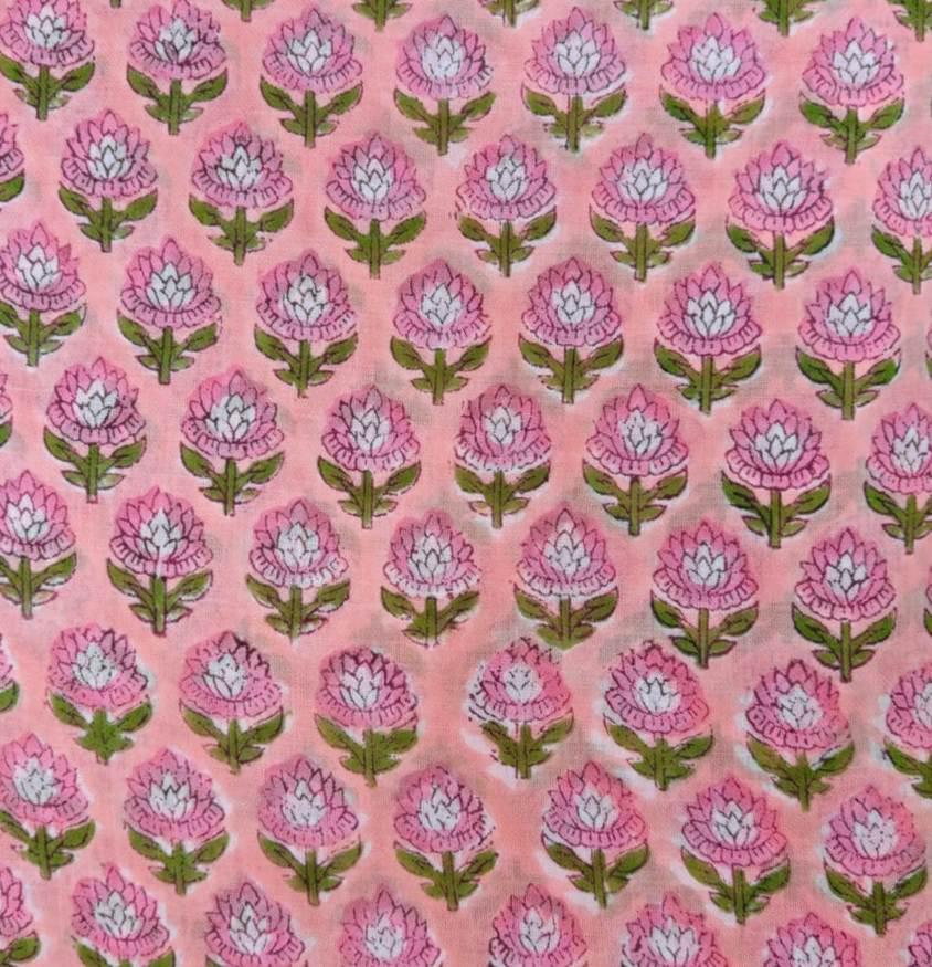 Pink Floral Cotton Fabric, Hand Block Print Fabric, Indian Buti Print Cotton, Soft Lightweight Fabric for Dressmaking, Quilting & Crafts