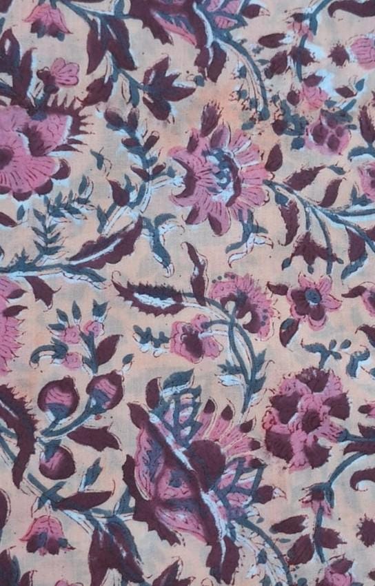 Pink Floral Cotton Fabric, Indian Block Print Fabric, Vintage Flower Cotton Fabric by Yard, Boho Floral Fabric for Quilting Dressmaking