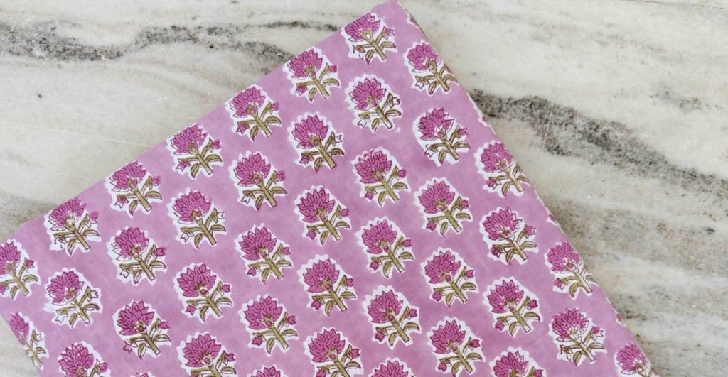 Pink Green Floral Cotton Fabric, Hand Block Print by the Yard, Indian Soft Cotton for Quilting, Dressmaking, Napkins Fabric, Christmas Decor