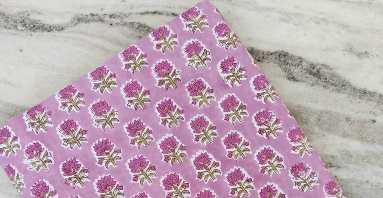 Pink Green Floral Cotton Fabric, Hand Block Print by the Yard, Indian Soft Cotton for Quilting, Dressmaking, Napkins Fabric, Christmas Decor