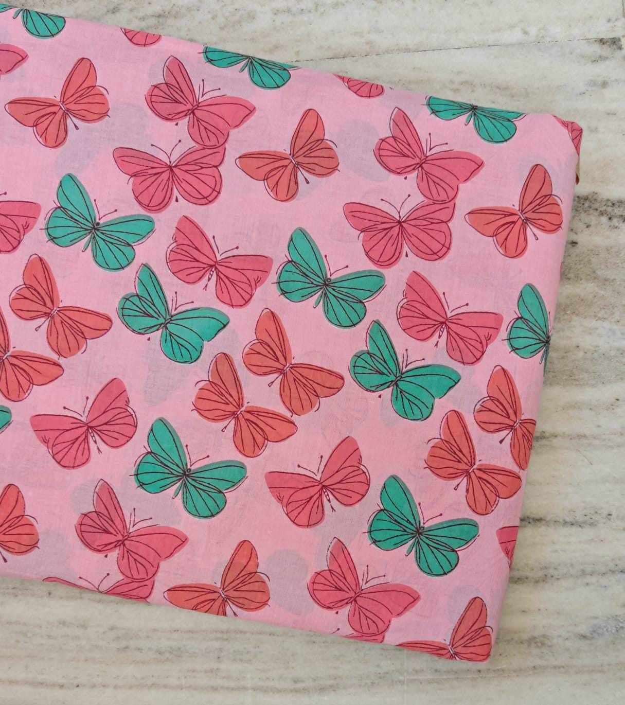 Pink Butterfly Cotton Fabric, Teal & Coral Butterflies Print, Quilting Fabric, Dressmaking Fabric, Craft Fabric by the Yard Dressmaking