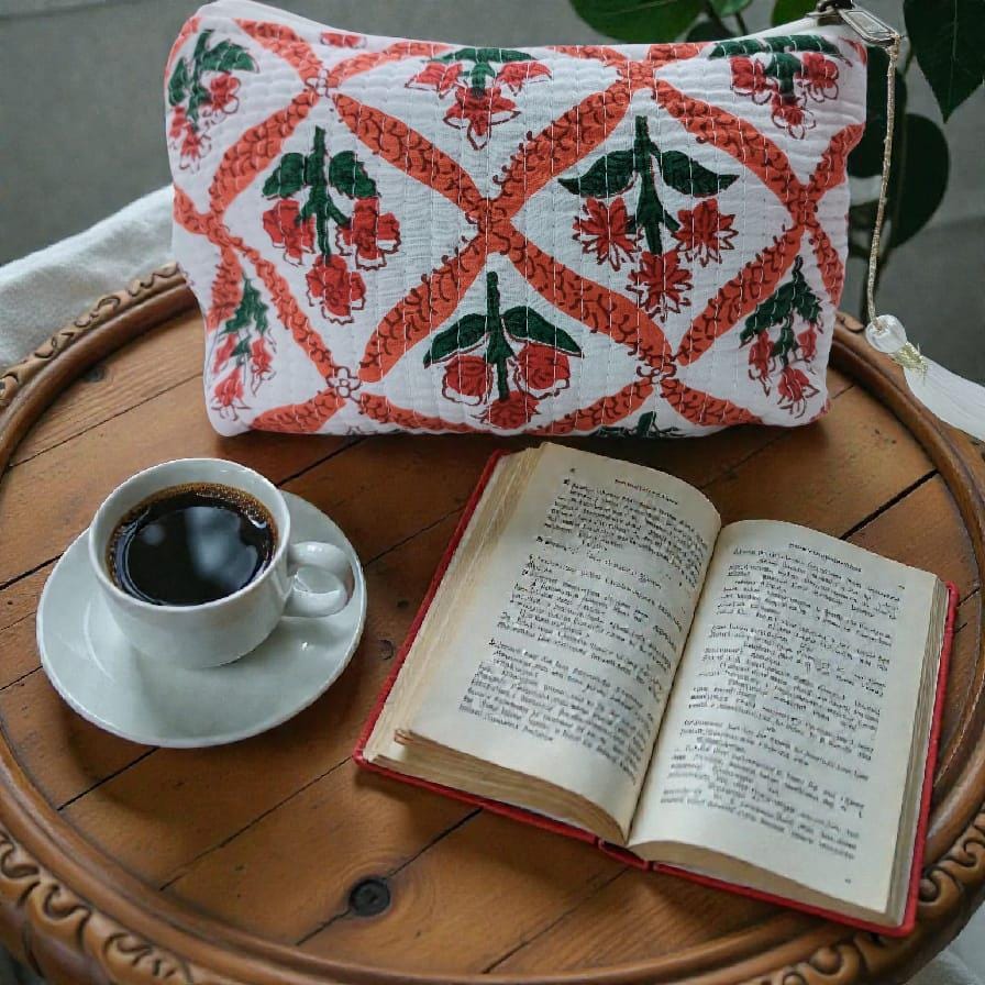 Vintage Indian Toiletry Bag, Personalized Block Print Makeup Bag, Cosmetic Bag for Women, Gifts for Mom, Quilted Cotton Travel Pouch Set