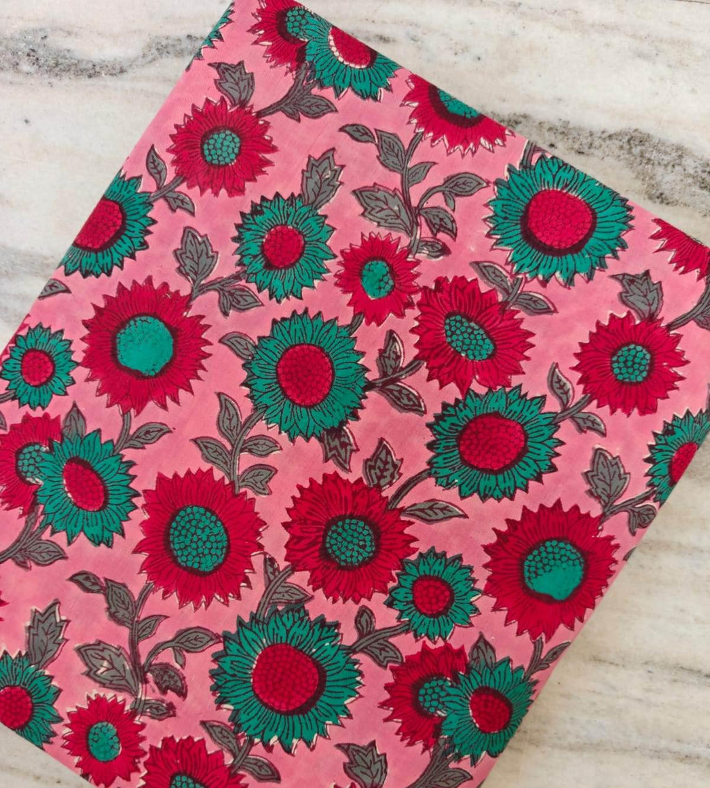 Pink Floral Cotton Fabric by the Yard, Red and Teal Flower Print, Block Print Style Fabric, Quilting Sewing Craft, Indian Floral Textile