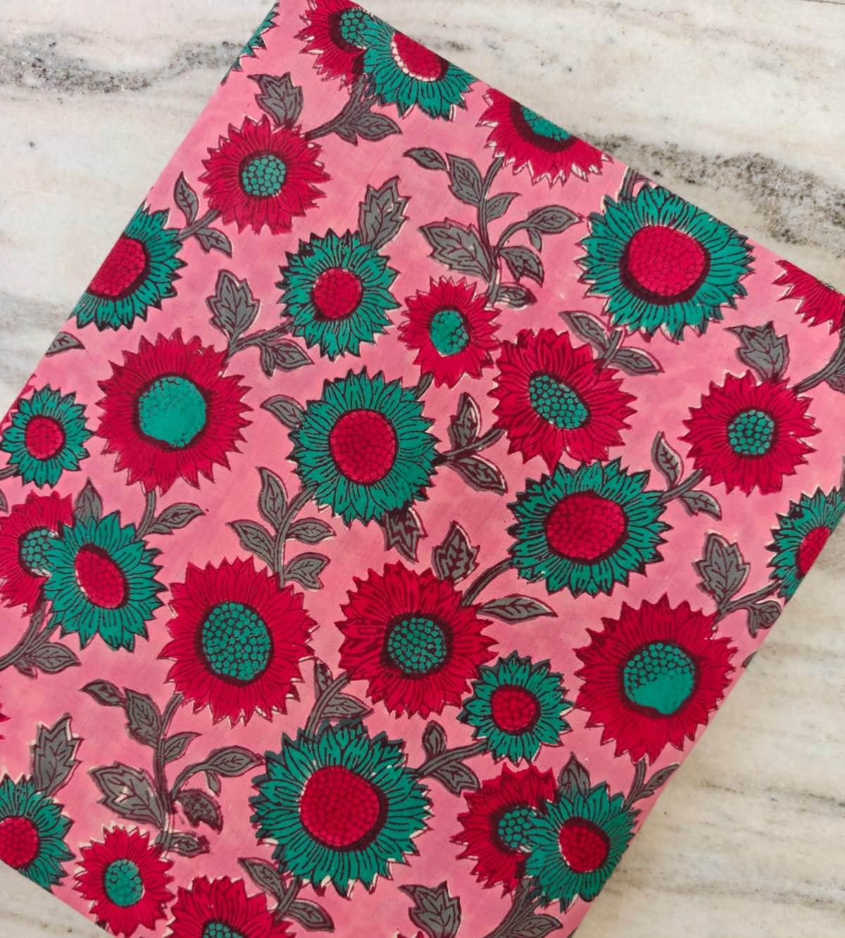 Pink Floral Cotton Fabric by the Yard, Red and Teal Flower Print, Block Print Style Fabric, Quilting Sewing Craft, Indian Floral Textile