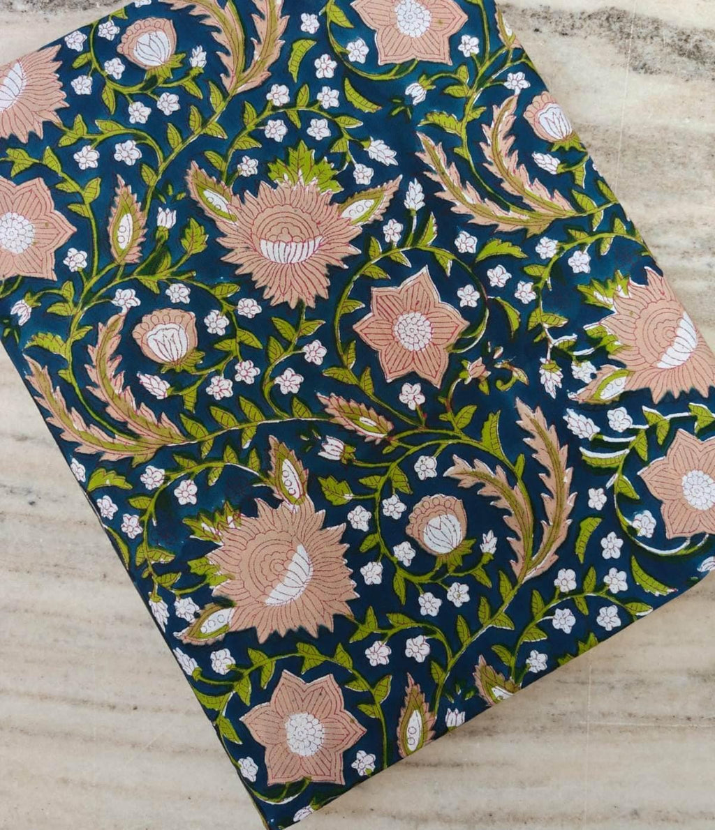 Navy Blue Floral Cotton Fabric, Traditional Indian Block Print Fabric by the Yard, Peach Flower Vine Print, Quilting Sewing Fabric, Napkins