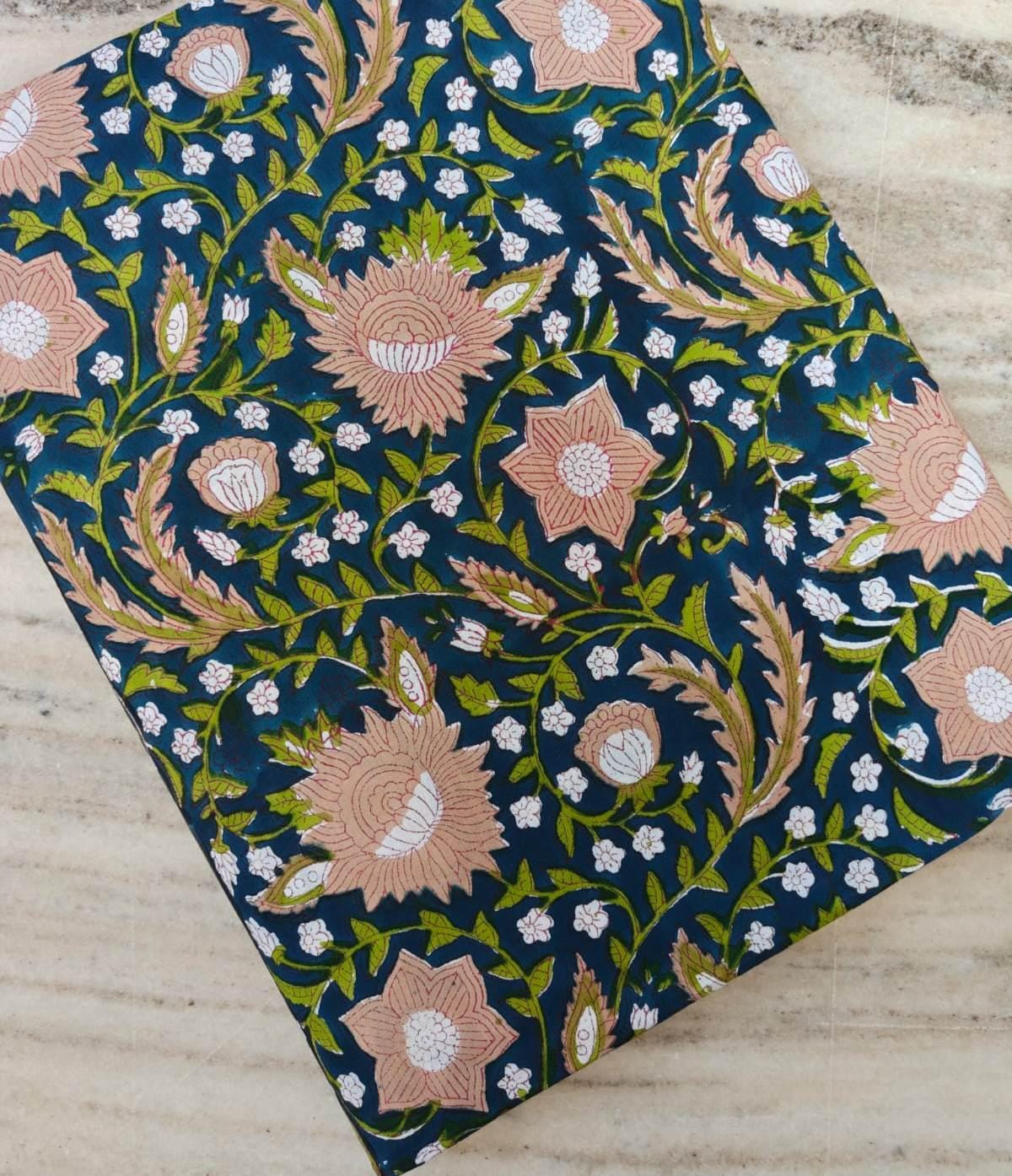 Navy Blue Floral Cotton Fabric, Traditional Indian Block Print Fabric by the Yard, Peach Flower Vine Print, Quilting Sewing Fabric, Napkins