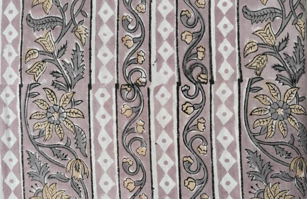 Striped Floral Cotton Fabric, Purple Hand Block Print Fabric by the Yard, Indian Soft Cotton with Beige Flowers for Quilting, Dressmaking