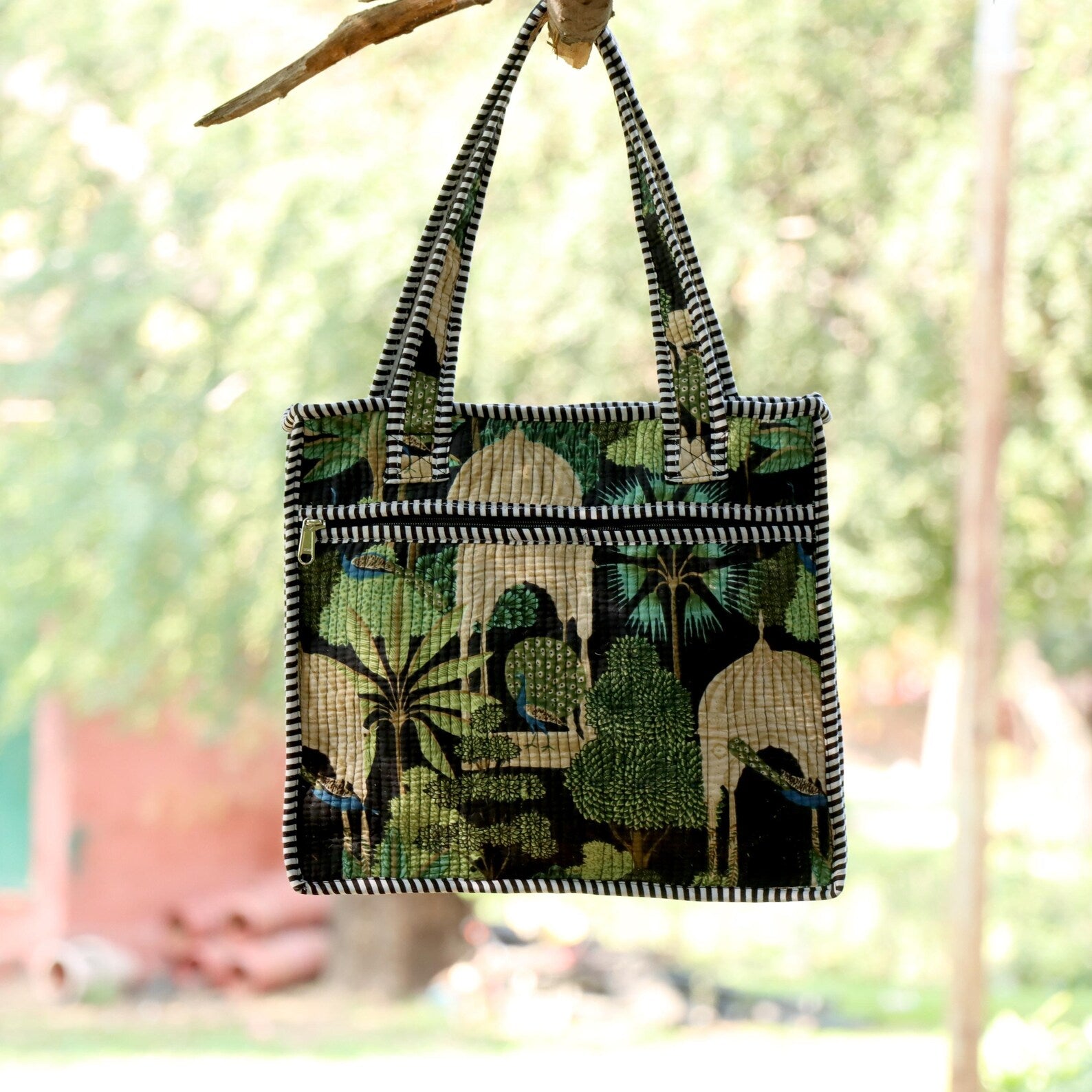 Handmade Quilted Cotton Tote Bag, Botanical Jungle Print Small Tote, Reusable Eco Friendly Shoulder Bag, Everyday Carry Gift Bag