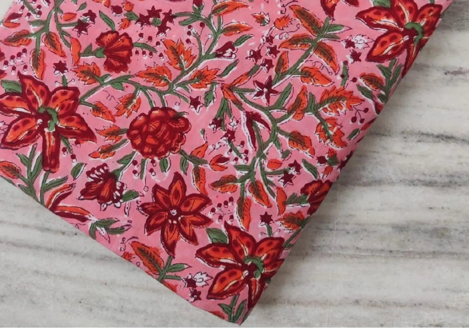 Pink Floral Cotton Fabric, Red Orange Hand Block Print Fabric By The Yard, Indian Soft Cotton for Quilting, Dressmaking, Sewing & Crafts
