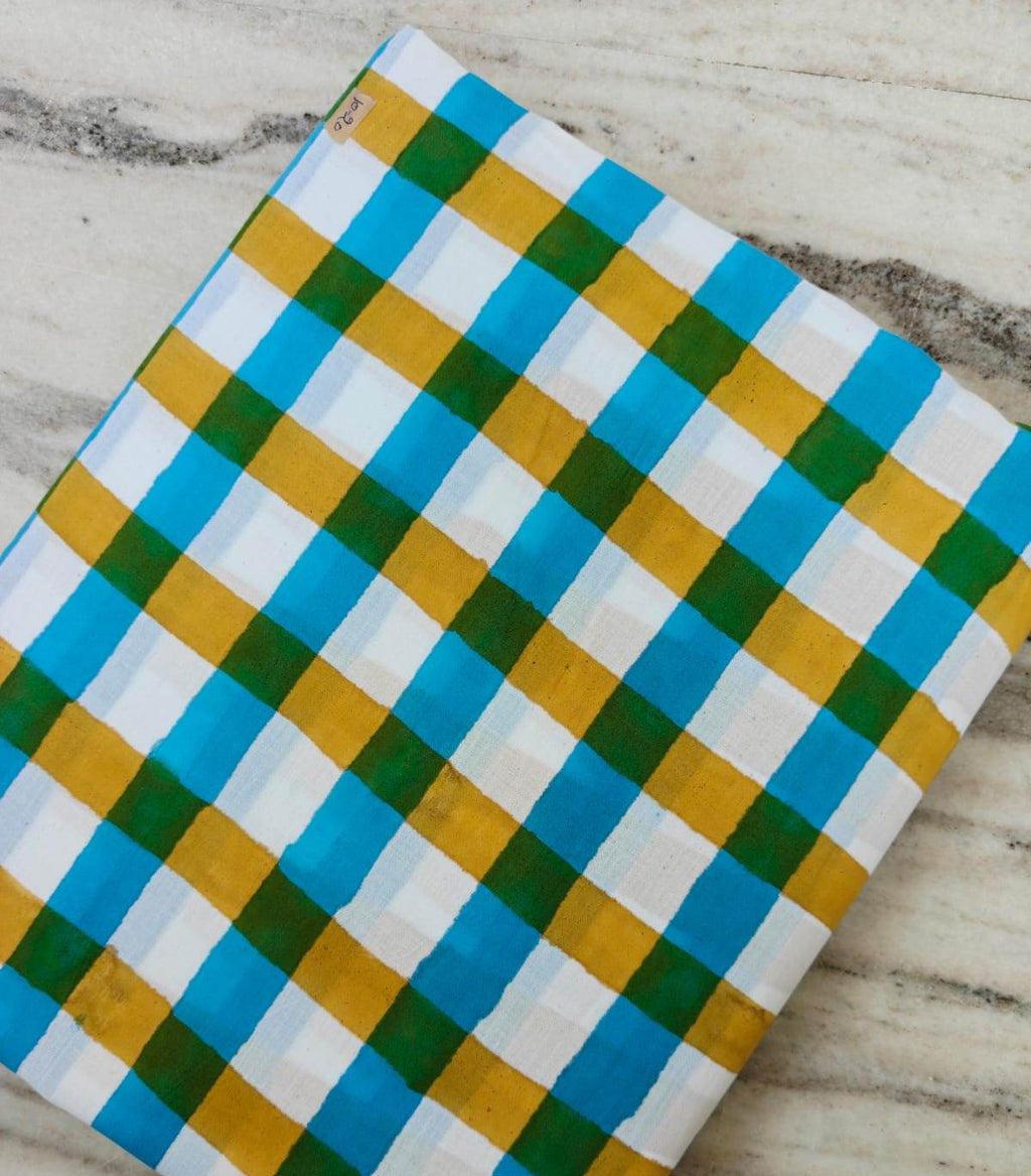Soft Multi Color Indian Hand Block Print Fabric, Floral 100% Cotton Fabric By The Yard, Dressmaking Fabric, Blue Green Yellow Check Fabric