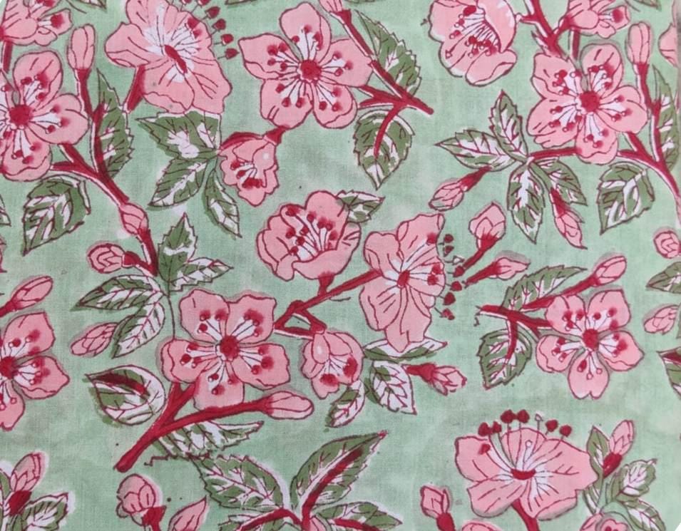 Green Pink Floral Cotton Fabric, 100% Soft Printed Cotton by the Yard, Quilting, Sewing, Dressmaking, Textile Fabric, Loose Running Fabric