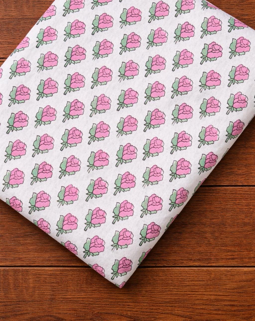 Pink Rose Floral Cotton Fabric, Hand Block Print Cotton Fabric, Soft Printed Fabric for Sewing, Quilting, Dressmaking, Loose Running Fabric