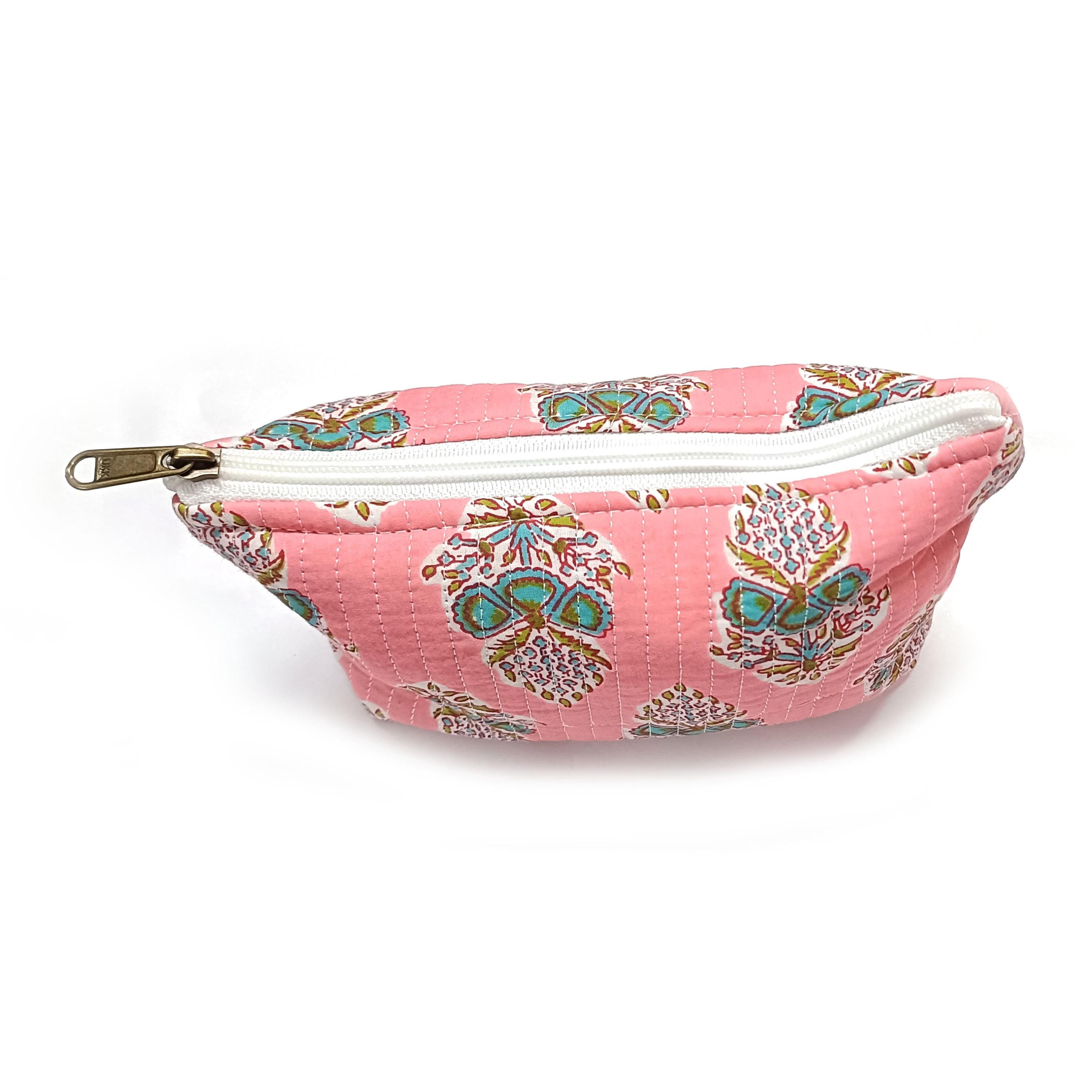 Pink Floral Quilted Pouch: Cotton Makeup Cosmetic Bag