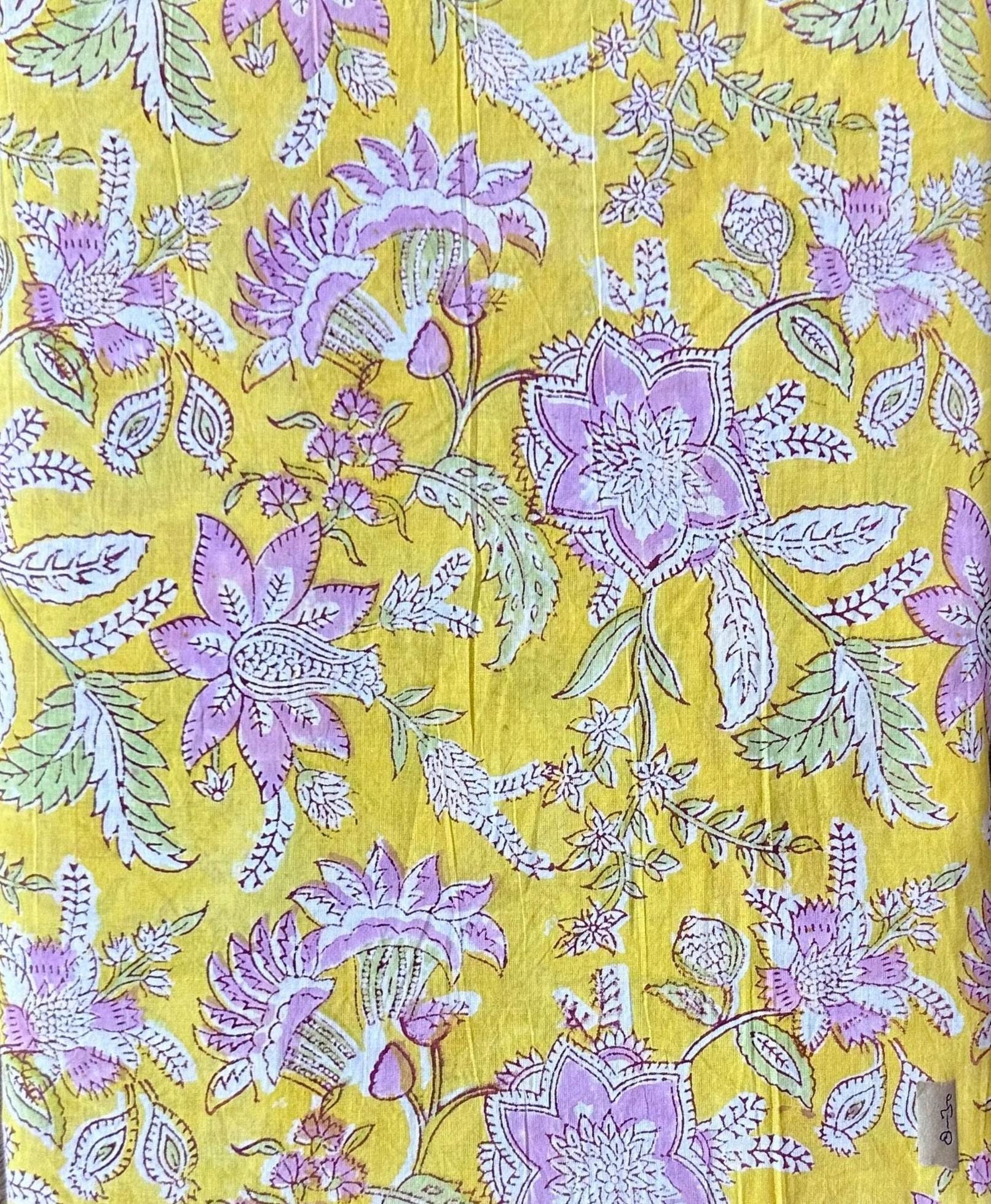 Yellow Floral Cotton Fabric by the Yard, Hand Block Print Indian Cotton Fabric, Quilting Fabric, Boho Home Decor, Dressmaking Sewing Fabric