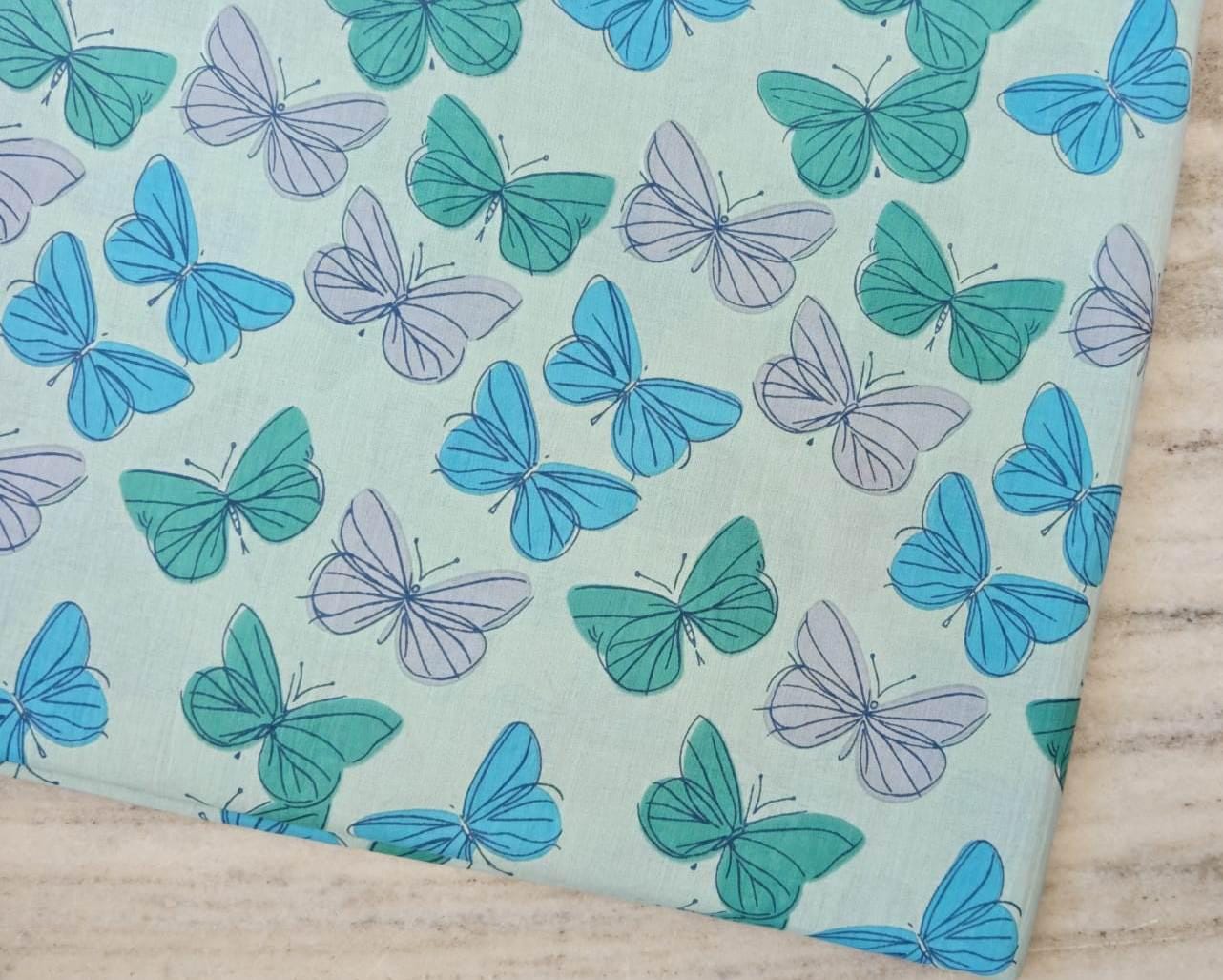 Butterfly Cotton Fabric by the Yard, Blue & Teal Butterflies on Mint Green Background, Quilting Sewing Craft Dressmaking Running Fabric