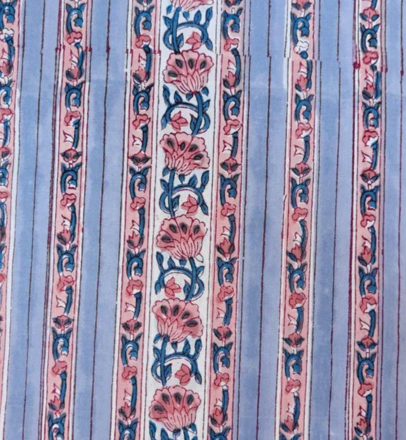 Blue Pink Floral Cotton Fabric, Indian Block Print Fabric, Striped Flower Cotton Fabric, Hand Block Print Style Fabric, Dressmaking Cotton