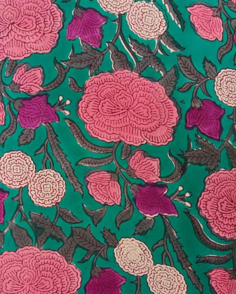 Green Floral Block Print Cotton Fabric, Pink Rose Indian Fabric, Hand Block Printed Cotton Yardage, Boho Dressmaking Quilting Craft Textile